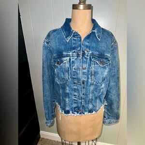 EXPRESS Blue Cropped Distressed Denim Jacket